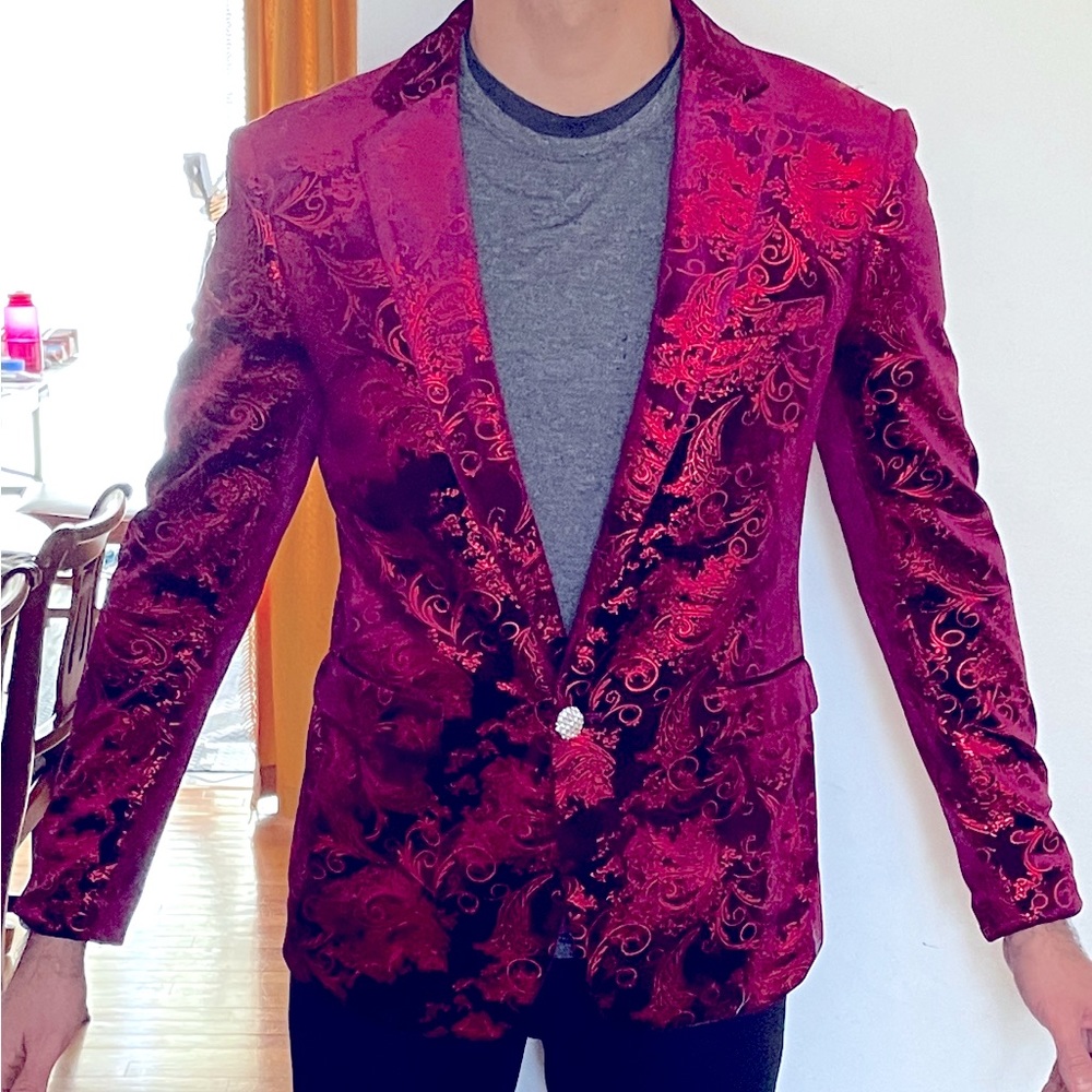 Red velvet shiny paisley party jacket